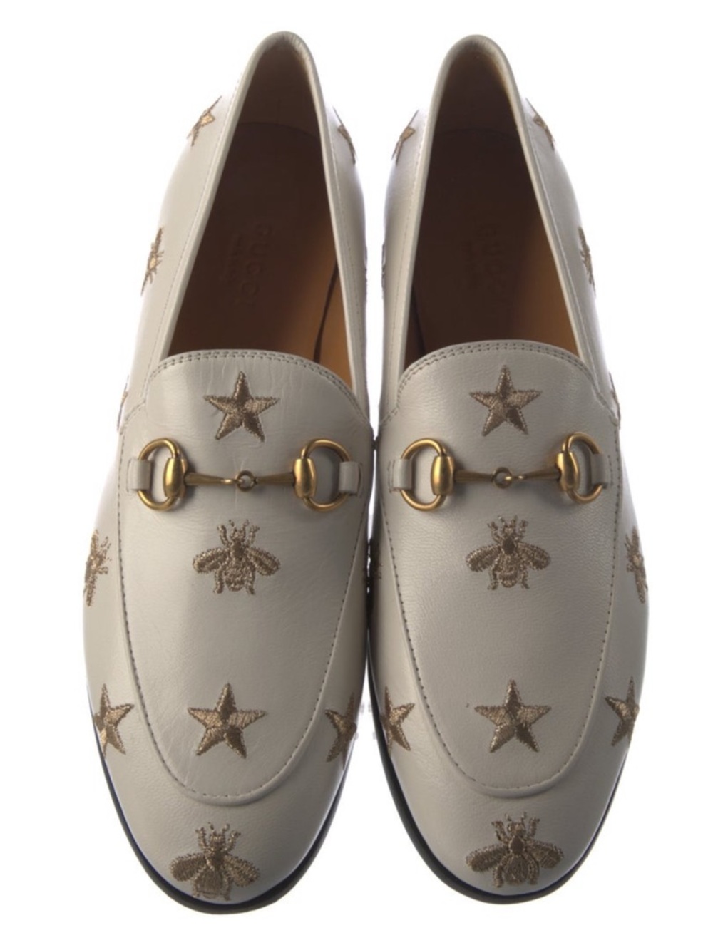 Gucci Cream Leather Embroidered Horsebit Loafers